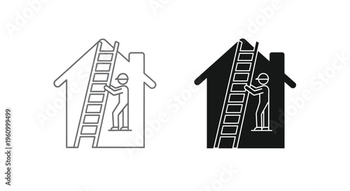 Vector illustration of a worker on a ladder against a house