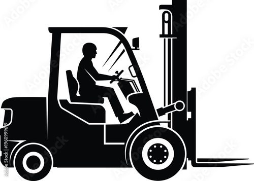  Forklift truck silhouette with operator driving industrial vehicle isolated on white background, warehouse logistics equipment illustration, cargo handling machine icon for transport and industry des