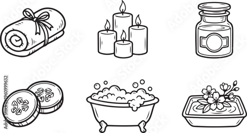Spa and relaxation icons: rolled towel, candles, oil bottle, cucumber slices, bubble bath, and soap with flowers, for wellness