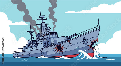 A cartoon illustration of a heavily damaged grey warship sinking in the ocean, with smoke rising from its funnels and large holes in its hull.