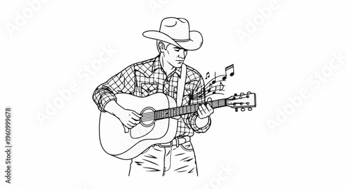 Cowboy plays guitar with musical notes emanating from the instrument