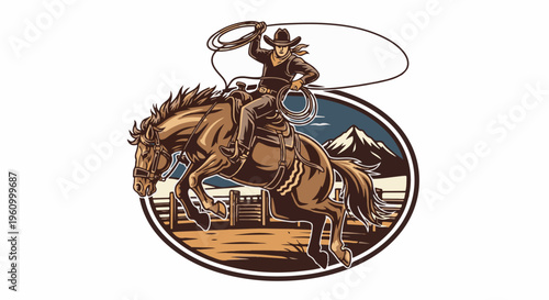 Cowboy on bucking horse with lasso, mountain backdrop, rodeo scene