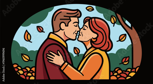 Couple kissing amidst falling autumn leaves under a tree
