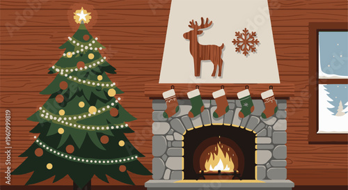 Cozy Christmas scene with a lit fireplace, decorated tree, and snowy window