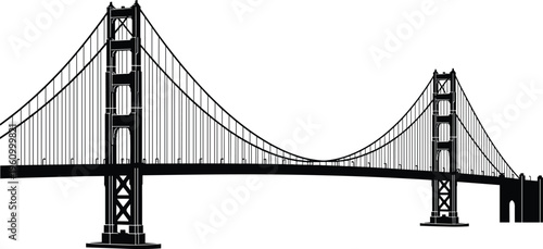 Golden Gate Bridge silhouette featuring iconic San Francisco suspension bridge landmark isolated on light background for travel design, transportation illustration and architecture graphics