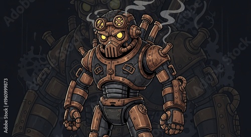 Steampunk Robot Character Illustration.