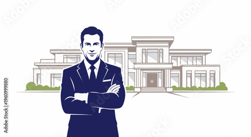 Confident man in suit stands before a modern mansion, a symbol of success