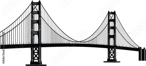 Golden Gate Bridge silhouette featuring iconic San Francisco suspension bridge architecture isolated on light background for travel design, landmark illustration and transportation graphics