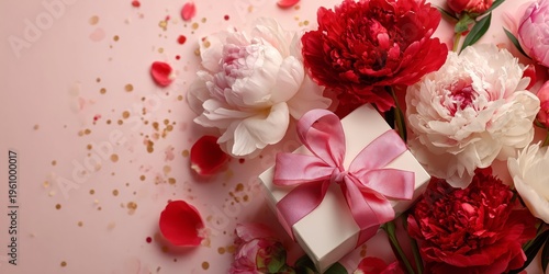 Elegant gift box with red ribbon surrounded by blooming peonies and floating petals, soft romantic pastel background