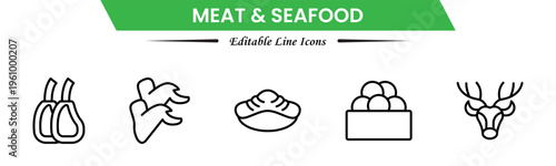 Meat and seafood icons depicting steaks, fish, shrimp, chicken, fillets, shellfish, cooking, grilling, freshness, protein, nutrition, butchery, cuisine, preparation, and ingredients.
