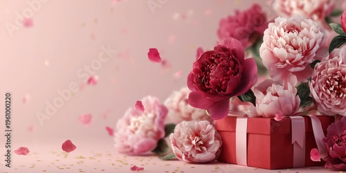 Romantic red gift box with ribbon beside blooming peonies, floating petals and soft bokeh on pastel background