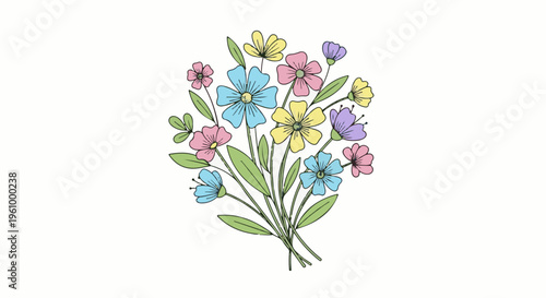 Delicate bouquet of mixed wildflowers in pastel colors, drawn with outlines