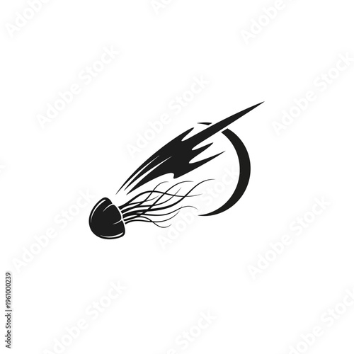 Abstract silhouette of a comet with trail and crescent moon shape