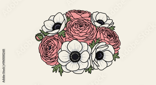 Delicate bouquet of pink ranunculus and white anemones with buds