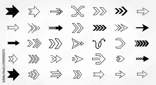 Collection of diverse arrow symbols in various styles and fill patterns
