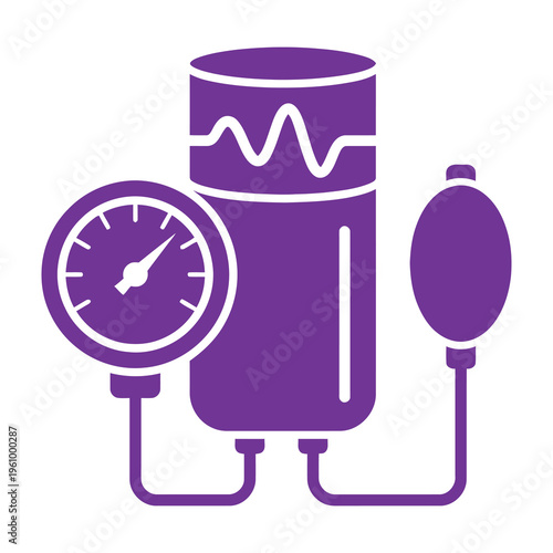 Medical equipment illustration featuring oxygen tank with pressure gauge and nasal cannula on white background with purple accents and clean lines