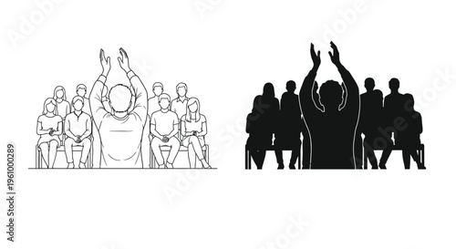 A man addressing a group of people with a raised hand in a vector graphic illustration design