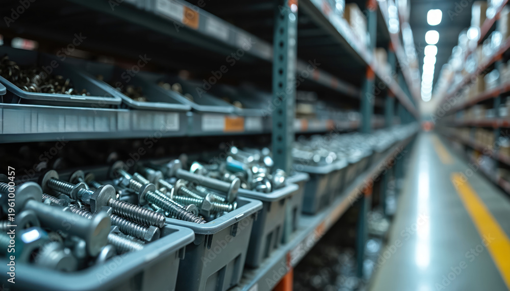 Naklejka premium Metal bolts, nuts, screws, and washers are neatly organized in plastic bins on shelves in warehouse. Rows of storage racks filled with fasteners extend into distance down aisle. Industrial supply.