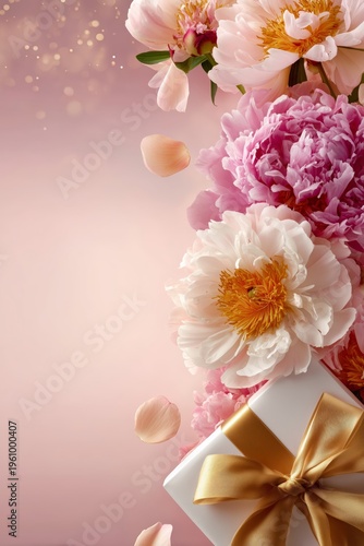 Luxury floral gift composition with golden bow, pastel peony bouquet, and sparkling confetti perfect for premium branding.