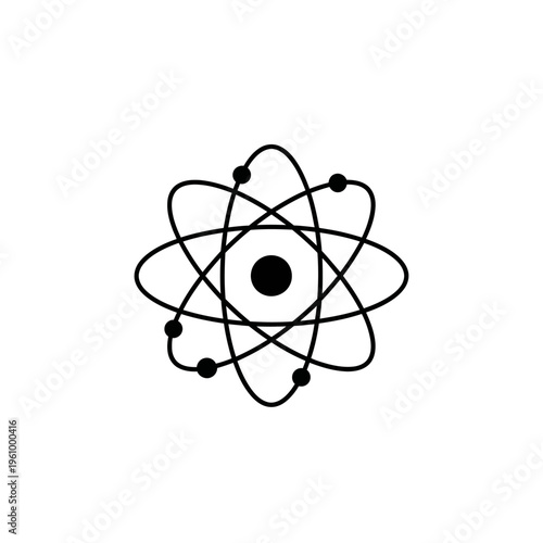 Black and white atom illustration on white background for science and education