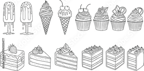 Hand drawn dessert collection featuring ice cream, cupcakes, and cake slices, outline vector illustration set for bakery menu, sweet food design, and pastry branding
