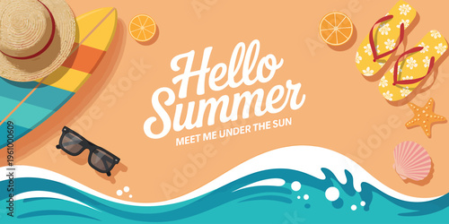 Summer beach vacation accessories and text on orange background