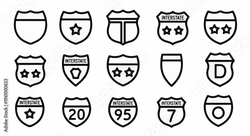 Collection of diverse outline highway signs with stars, numbers, and shields
