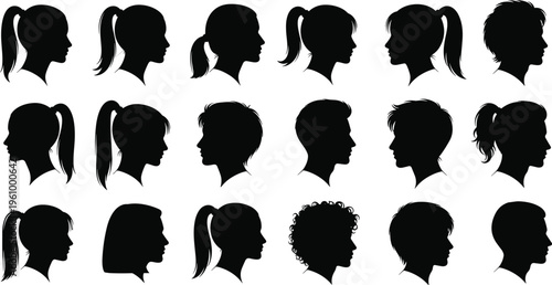 Head profile silhouettes collection featuring male and female hairstyles in side view isolated on light background for avatar design, character creation and profile icons