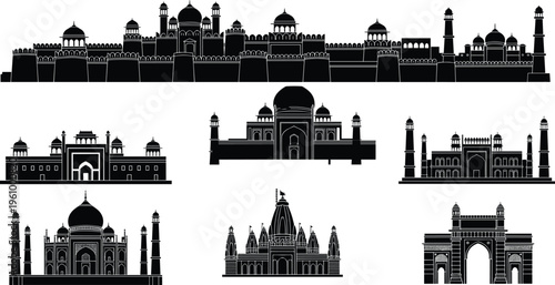 India landmark silhouettes collection featuring Taj Mahal, Red Fort, and Gateway of India, black vector illustration isolated for travel, tourism, and architecture design