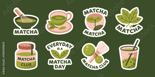 Matcha tea stickers on green background