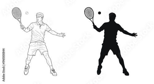 Vector illustration of two tennis players in action with rackets and ball