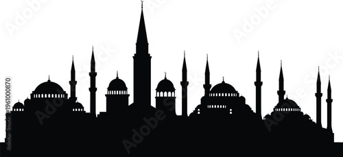 Islamic mosque skyline silhouette featuring domes and minarets forming traditional Muslim architecture isolated on light background for religion, culture and travel design