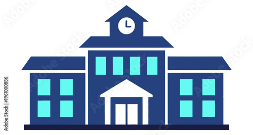 Blue School Building Exterior with Clock Tower and Flat Design Vector