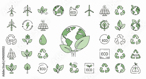 Collection of green icons representing environmental sustainability and renewable energy