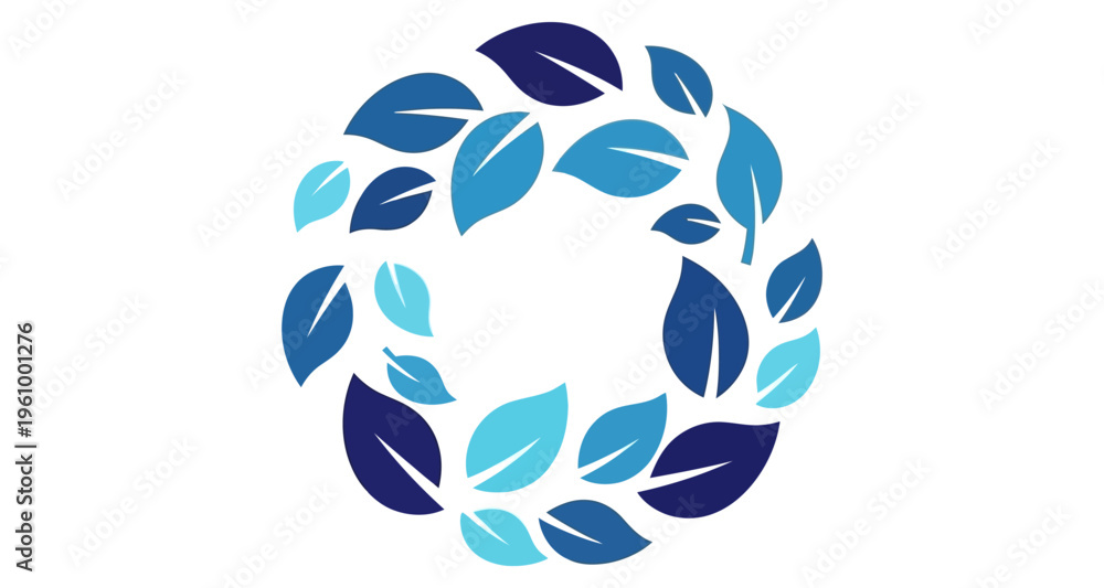 Fototapeta premium Circular Wreath of Blue Leaves Forming Abstract Shape on White Background