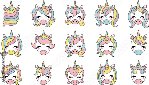 Cute Unicorn Face Collection with Rainbow Hair, Kawaii Magical Animal Heads Set for Kids Design, Stickers, and Fantasy Illustrations