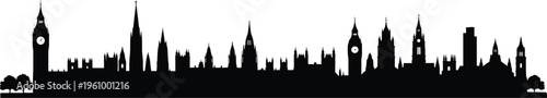 London skyline silhouette featuring Big Ben, Parliament and historic buildings forming iconic United Kingdom cityscape isolated on light background for travel design