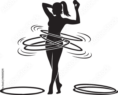 Woman silhouette hula hooping with two hoops