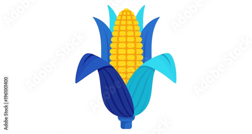 Corn Cob Unwrapped Blue Leaves Yellow Kernels Isolated White Background Graphic Design