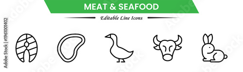 Meat and seafood icons depicting steaks, fish, shrimp, chicken, fillets, shellfish, cooking, grilling, freshness, protein, nutrition, butchery, cuisine, preparation, and ingredients.