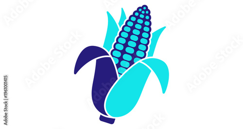 Corn Cob Icon Unwrapped with Blue Kernels and Green Leaves Minimalist Graphic Design