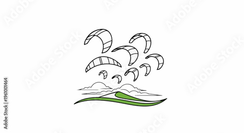 Collection of kites and stylized landscape with green waves and clouds