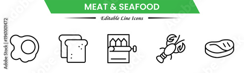 Meat and seafood icons depicting steaks, fish, shrimp, chicken, fillets, shellfish, cooking, grilling, freshness, protein, nutrition, butchery, cuisine, preparation, and ingredients.