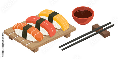 Sushi on a wooden tray with chopsticks and sauce