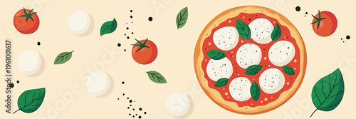 Delicious homemade mozzarella pizza with basil leaves and tomatoes on table