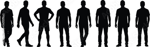 Male people silhouettes collection featuring men standing in various casual poses isolated on light background for character design, lifestyle illustration and social graphics