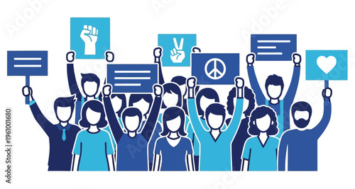 Diverse Crowd Protesting with Signs for Peace and Equality Vector Illustration