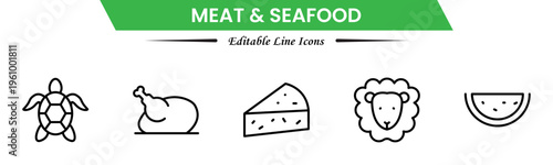 Meat and seafood icons depicting steaks, fish, shrimp, chicken, fillets, shellfish, cooking, grilling, freshness, protein, nutrition, butchery, cuisine, preparation, and ingredients.