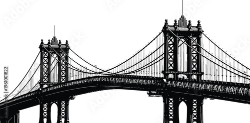 Manhattan Bridge silhouette detailed architectural illustration isolated on white background, iconic New York suspension bridge skyline element perfect for travel, city, and design themes