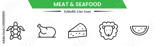 Meat and seafood icons depicting steaks, fish, shrimp, chicken, fillets, shellfish, cooking, grilling, freshness, protein, nutrition, butchery, cuisine, preparation, and ingredients.